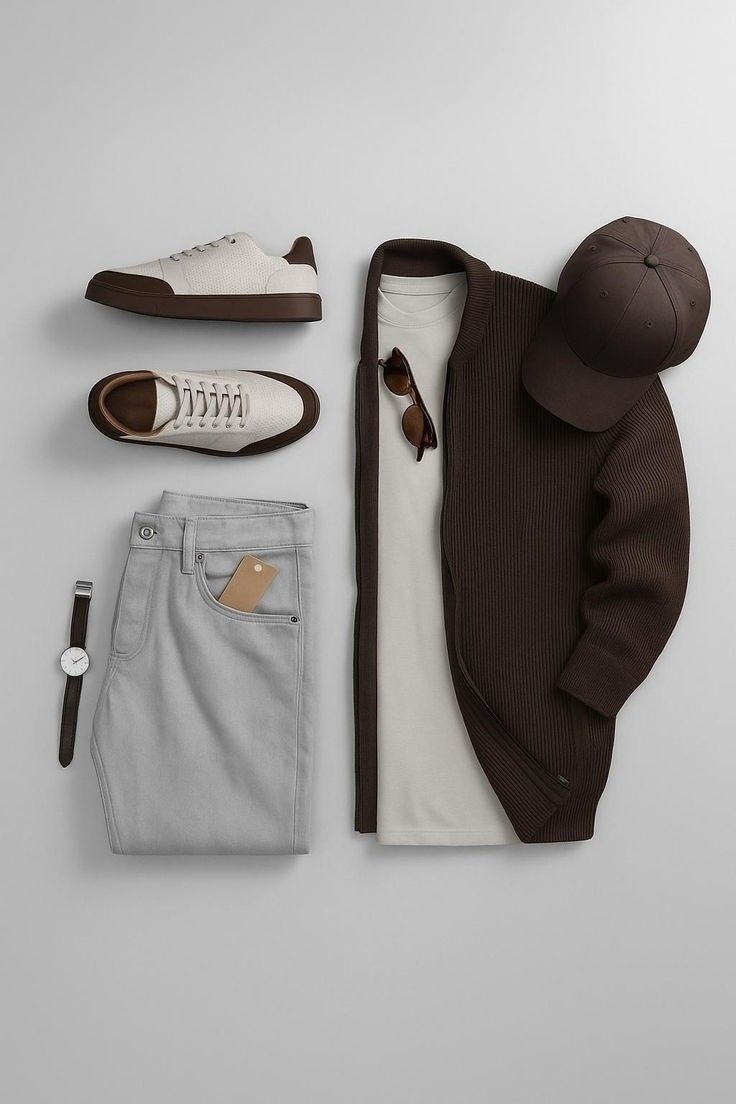 Men's Casual Color Matching Coffee Long Sleeves Kinit Outwear & Pants & T-shirt 3pcs Set