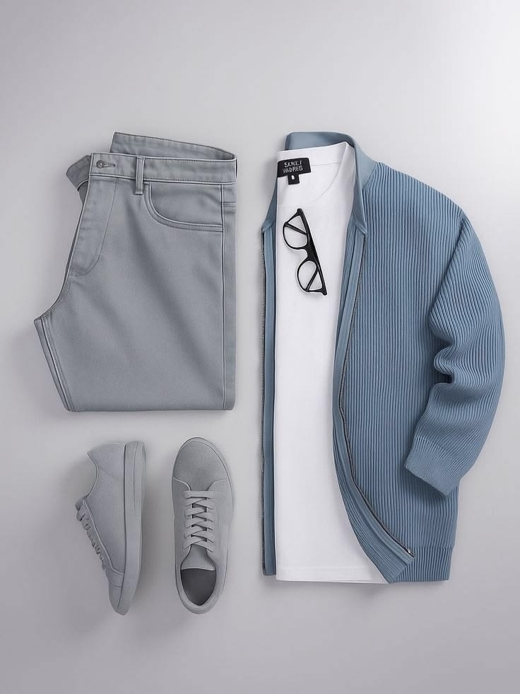 Men's Casual Color Matching Blue Long Sleeves Kinit Outwear & Pants & T-shirt 3pcs Set