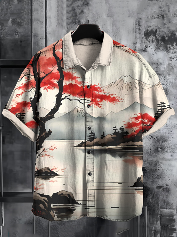 Men's Japanese Style Mountains Art Print Short Sleeve Shirt