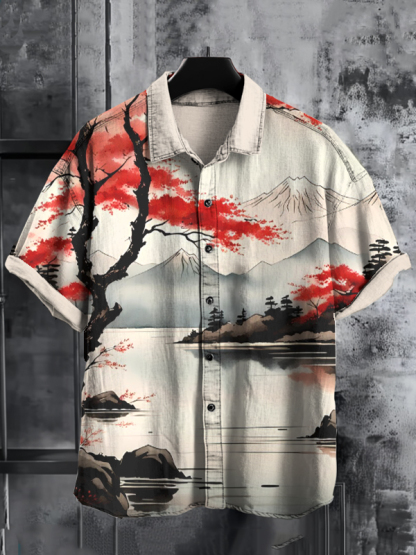 Men's Japanese Style Mountains Art Print Short Sleeve Shirt