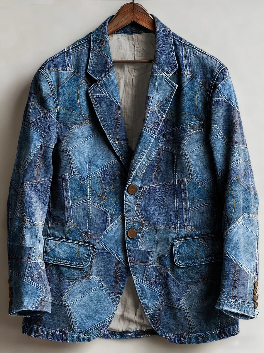 Vintage Retro Denim Blue Patchwork Blazer