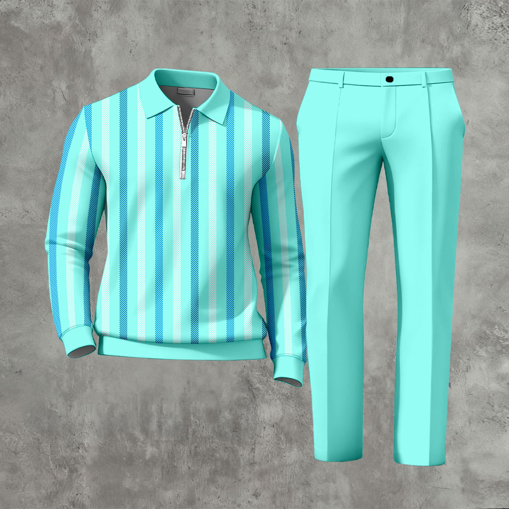 Men's Casual Lake Green & Blue Color Matching Striped Printed Zipper Long Sleeved Polo Shirt & Trousers Two-Piece Set