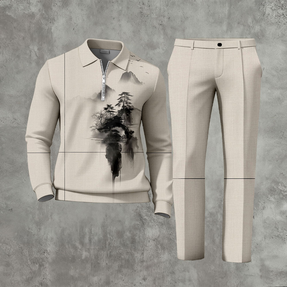 Men's Casual Beige & Chinese Landscape Painting Zipper Long Sleeved Polo Shirt & Trousers Two-Piece Set