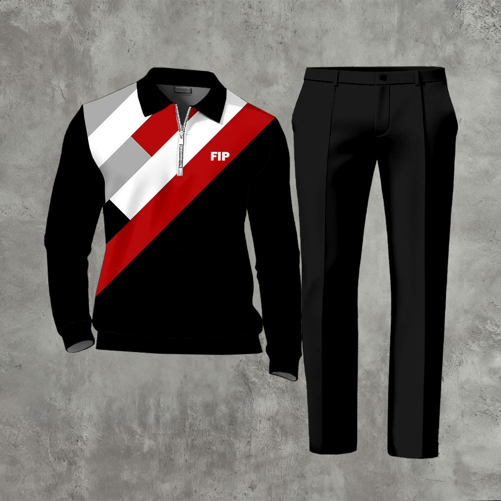 Men's Casual Black & Red Color Matching Geometric Printed Polo-Collar Zipper Long Sleeved Trousers Two-Piece Set