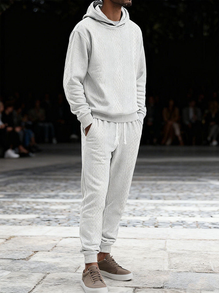 Men's Loose-fitting Casual Sports Long-sleeved Pants Jacquard Hooded Sweatshirt Set