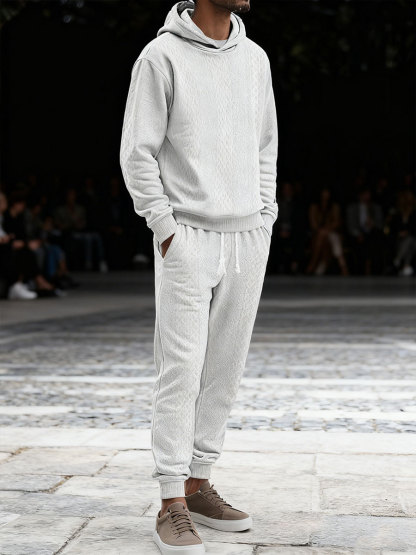 Men's Loose-fitting Casual Sports Long-sleeved Pants Jacquard Hooded Sweatshirt Set