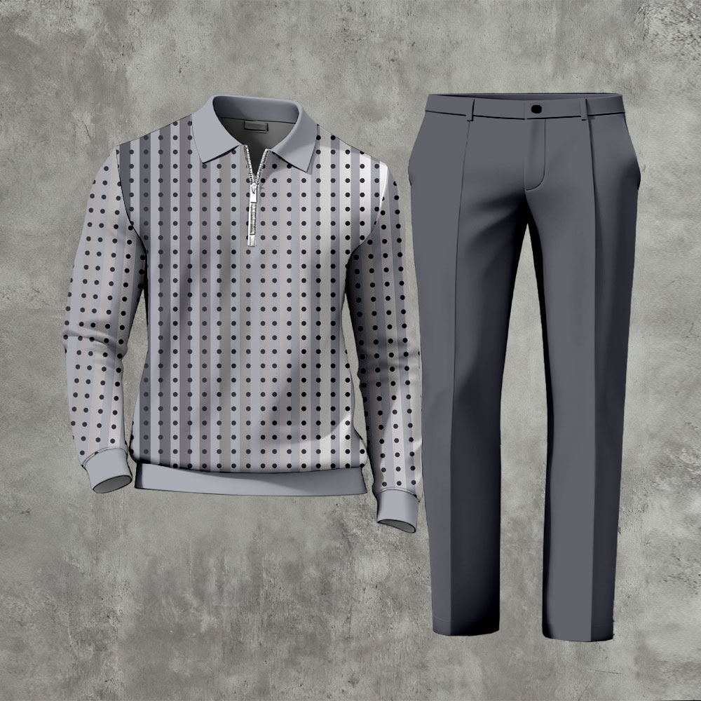 Men's Casual Gray & White Color Matching Polka Dots Gradient Striped Printed Zipper Long Sleeved Polo Shirt & Trousers Two-Piece Set