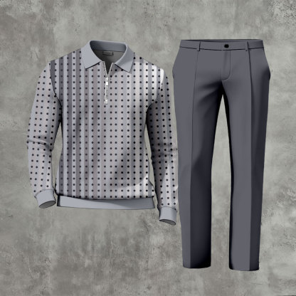 Men's Casual Gray & White Color Matching Polka Dots Gradient Striped Printed Zipper Long Sleeved Polo Shirt & Trousers Two-Piece Set
