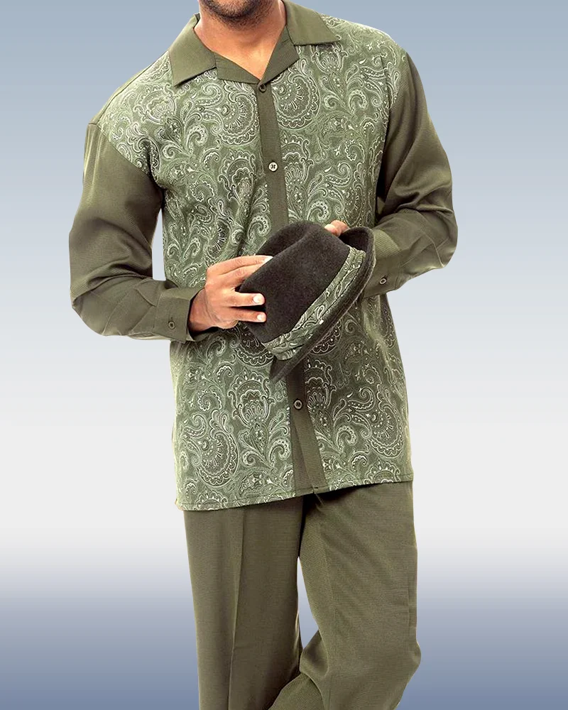 Men's Long Sleeve Trousers Green Cashew Blossom Two-Piece Walking Set