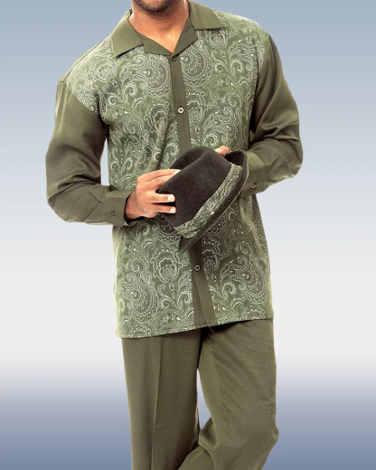 Men's Long Sleeve Trousers Green Cashew Blossom Two-Piece Walking Set