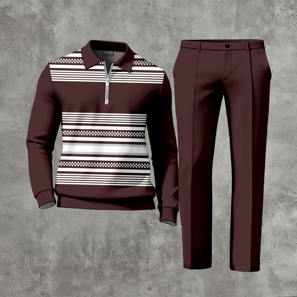 Men's Casual Coffee & White Color Matching Striped Printed Zipper Long