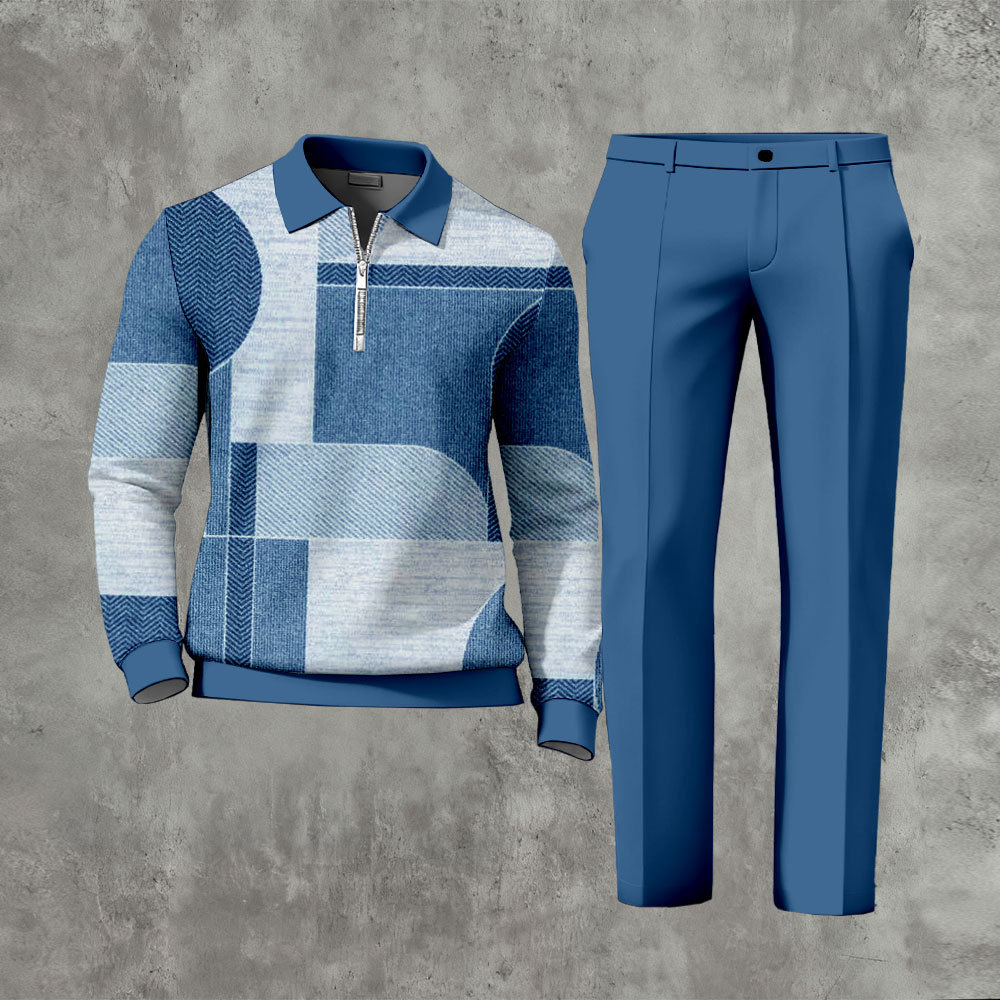 Men's Casual Color Matching Printed Polo-Collar Zipper Long Sleeved Trousers Two-Piece Set 1120