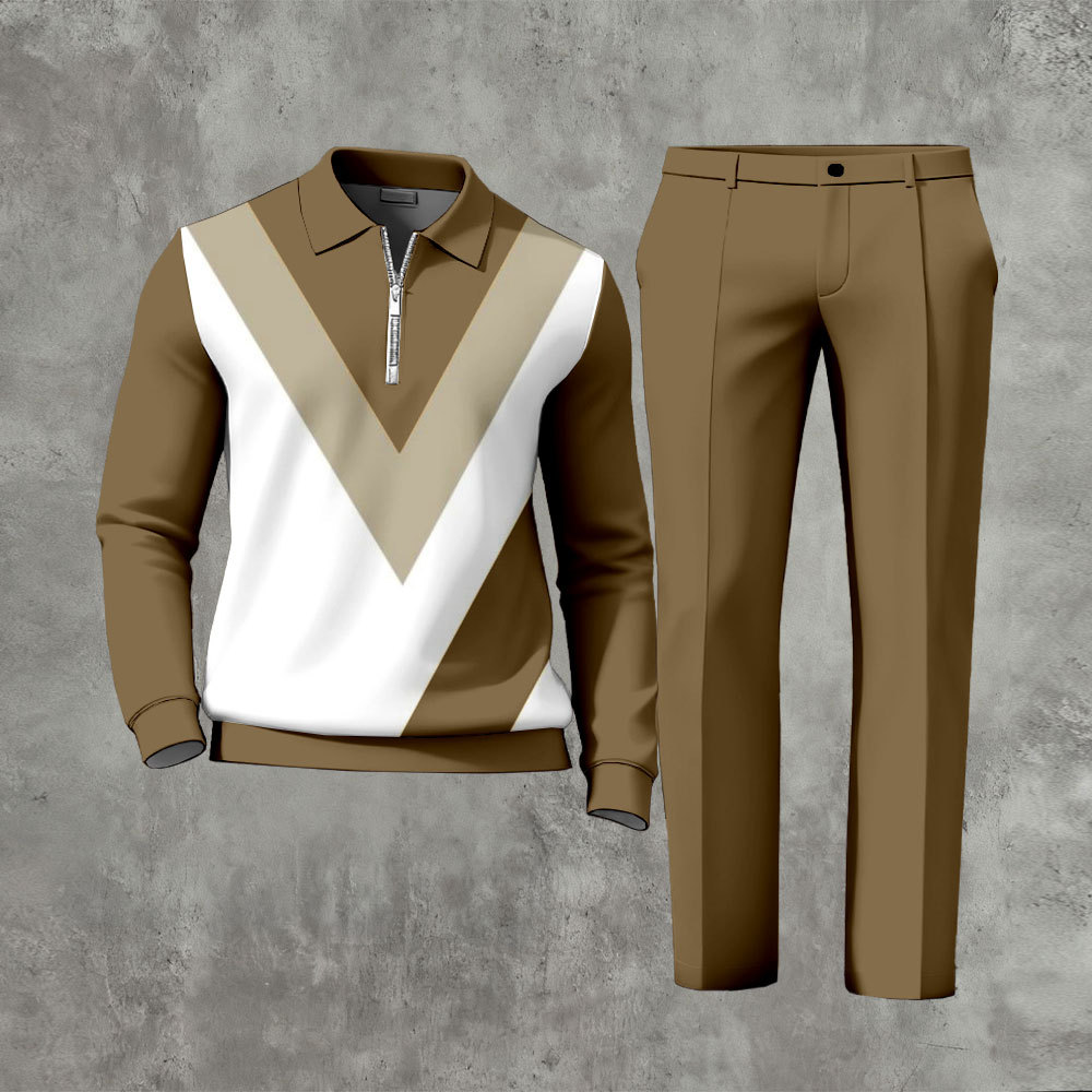 Men's Casual Khaki & White Color Matching Geometric Printed Zipper Lon