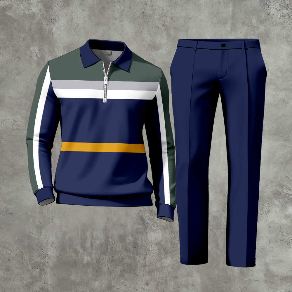 Men's Casual Navy Blue & Army Green Color Matching Striped Printed Zipper Long Sleeved Polo Shirt & Trousers Two-Piece Set