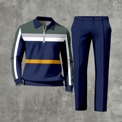 Men's Casual Navy Blue & Army Green Color Matching Striped Printed Zipper Long Sleeved Polo Shirt & Trousers Two-Piece Set