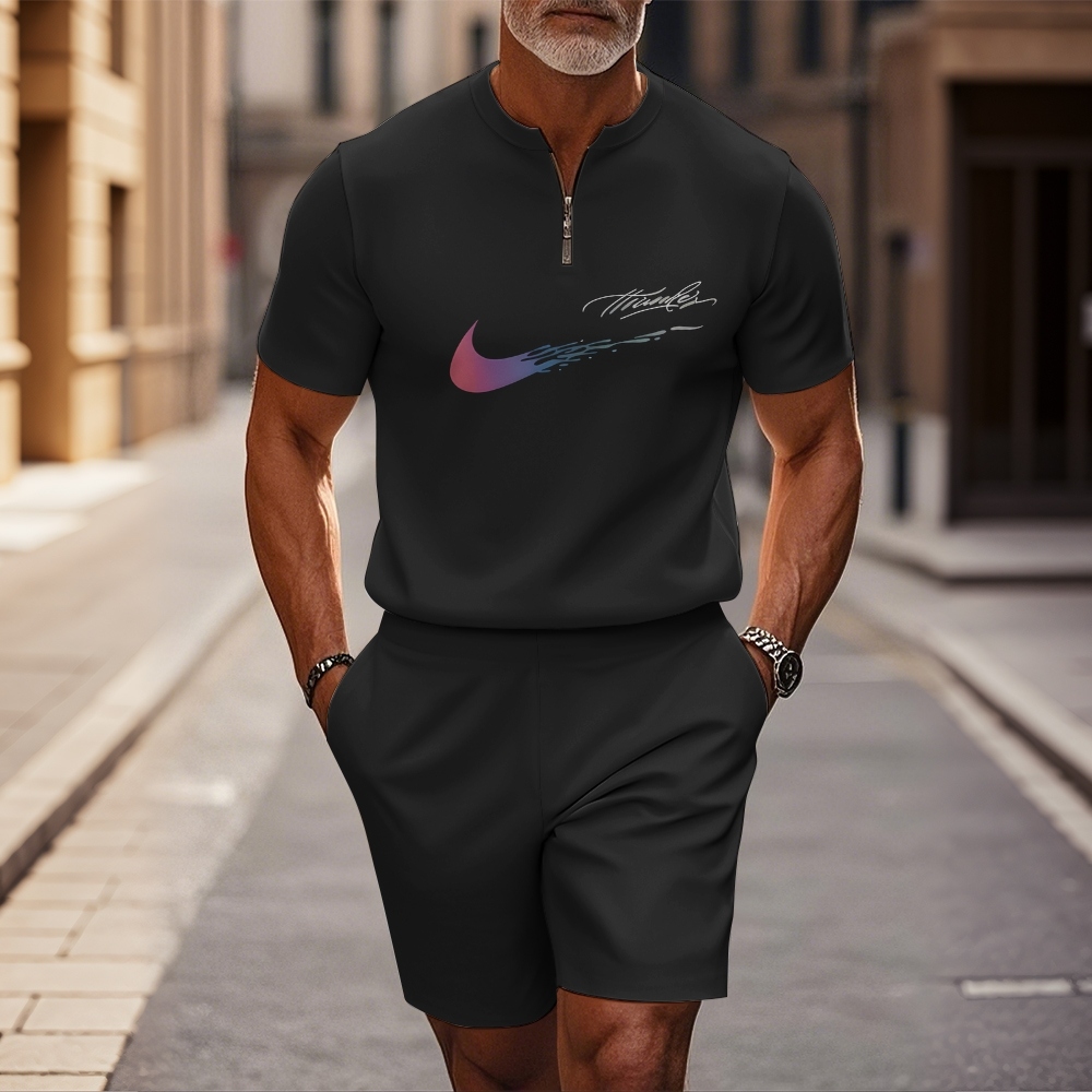 Men's Fashion Round Neck Black With Printed Zipper Short Sleeve+Casual Shorts Two Piece Set