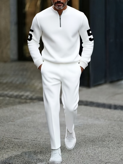 Men's Casual Color Matching Printed Round-Neck Zipper Long Sleeved Trousers Two-Piece Set