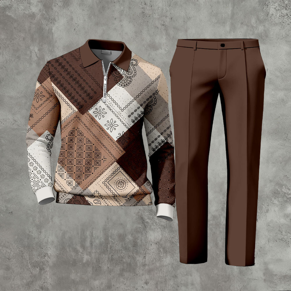 Men's Casual Coffee Color Matching Retro Style Printed Zipper Long Sle