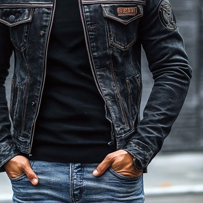 Men's Vintage Washed Baseball Collar Slim Fit Denim Jacket