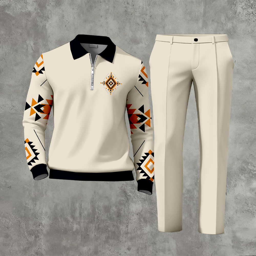 Men's Casual Beige Color Matching Ethnic Style Printed Zipper Long Sleeved Polo Shirt & Trousers Two-Piece Set