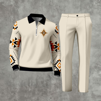 Men's Casual Beige Color Matching Ethnic Style Printed Zipper Long Sleeved Polo Shirt & Trousers Two-Piece Set