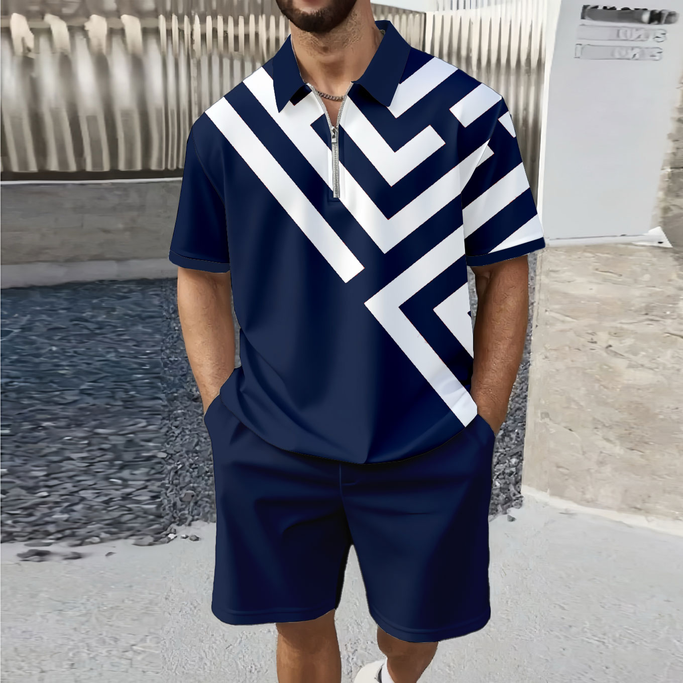Men's Fashion Casual Zipper Polo Collar Geometric Printed Short-Sleeved Two-Piece Set