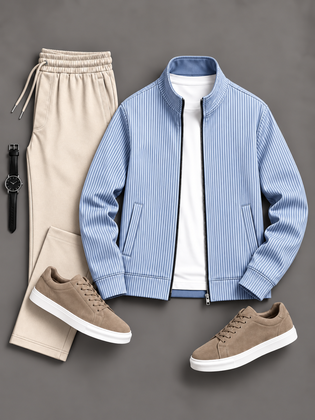 Men's Fine Vertical Striped Zip Up Stand Collar Jacket & Drawstring Pants Two Piece Set, Multiple Colors Available