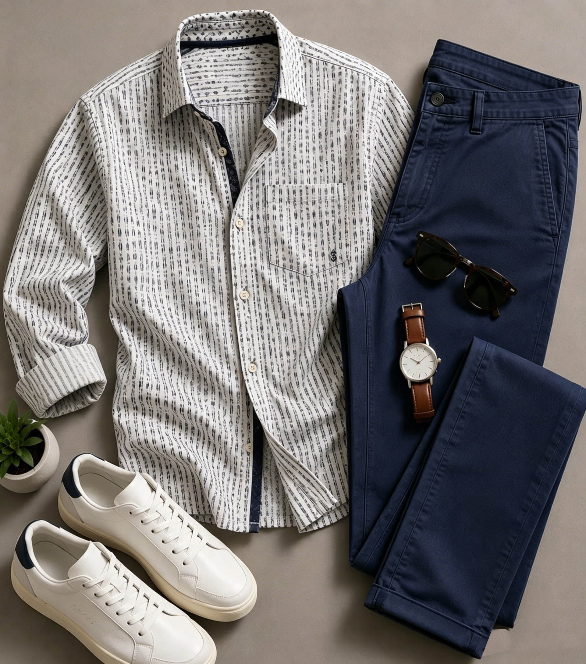Men's Casual White Base Tiny Geometric Printed Long Sleeved Shirt & Trousers Two-Piece Set