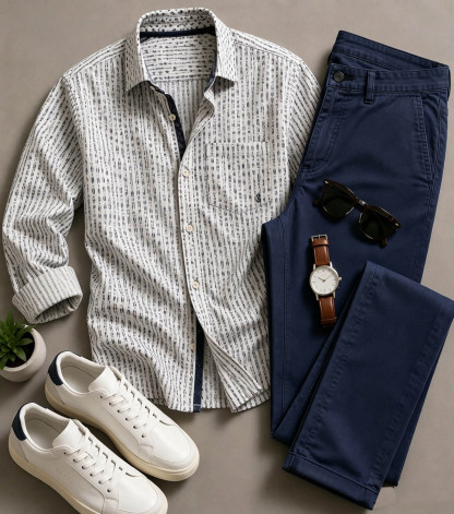 Men's Casual White Base Tiny Geometric Printed Long Sleeved Shirt & Trousers Two-Piece Set