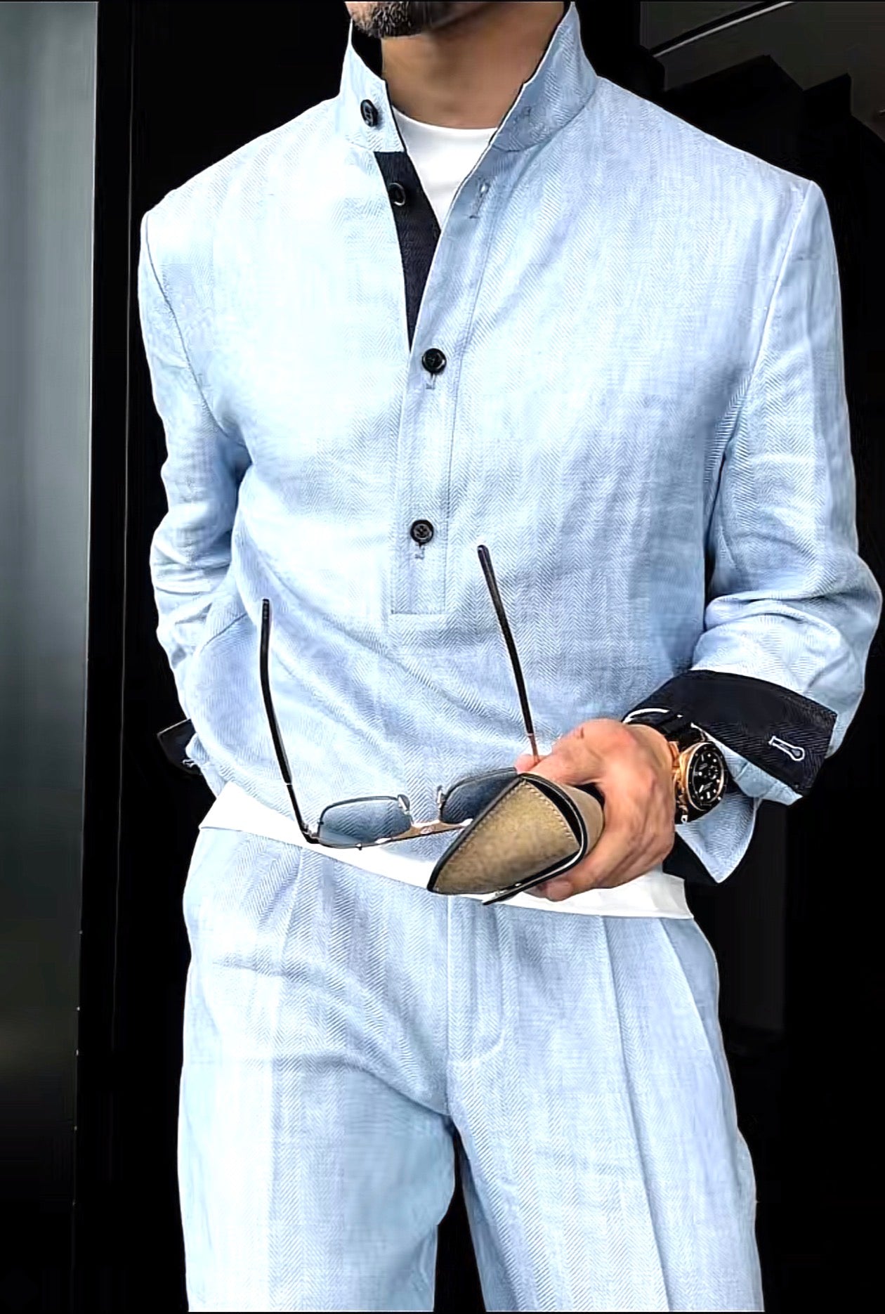 Premium Linen Mandarin Collar Suit-Sky Blue