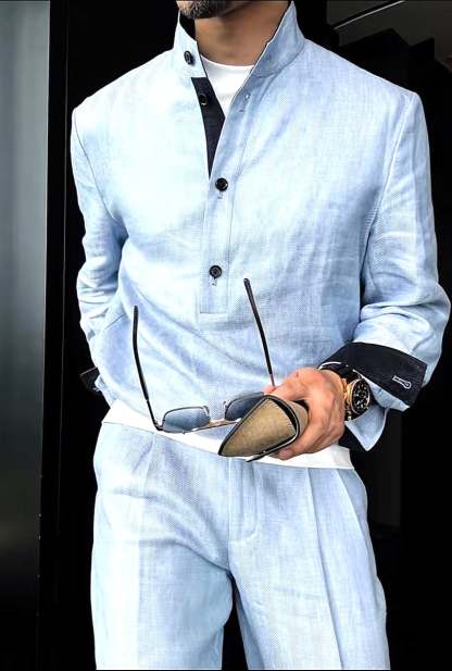 Premium Linen Mandarin Collar Suit-Sky Blue
