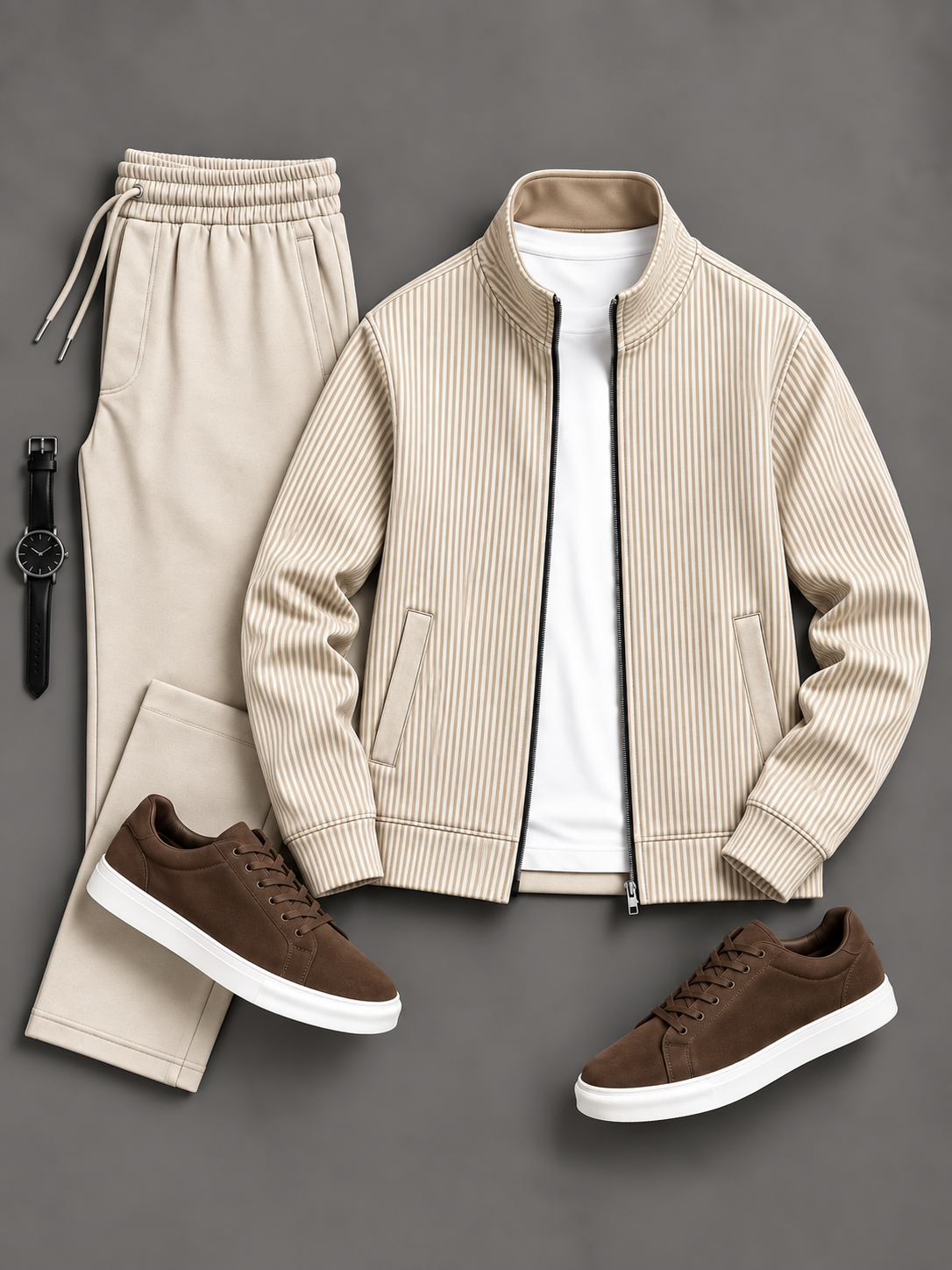 Men's Fine Vertical Striped Zip Up Stand Collar Jacket & Drawstring Pants Two Piece Set, Multiple Colors Available
