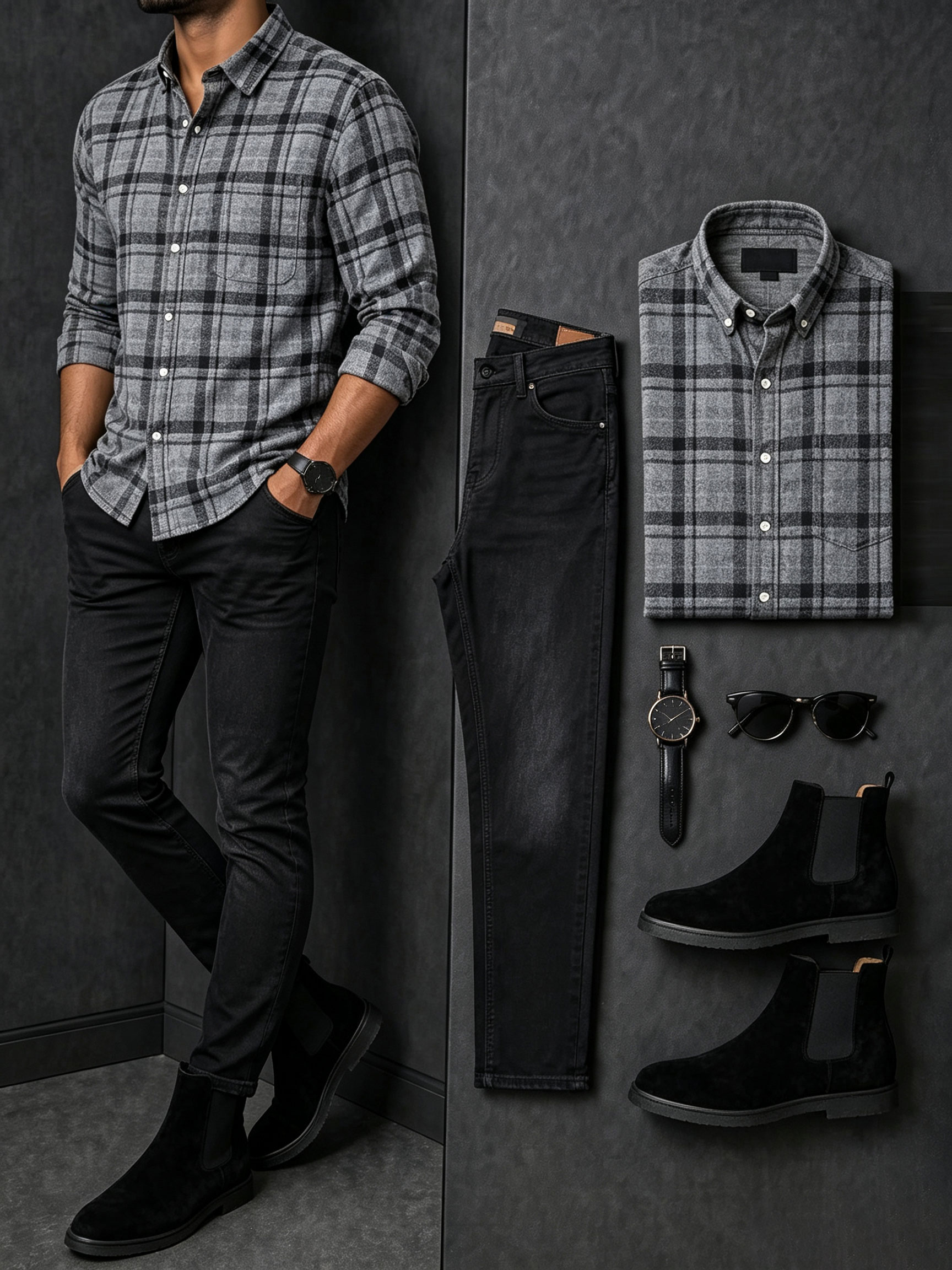Men's Casual Gray Plaid Printed Long Sleeves Shirt & Black Jeans Pants Two Piece Set