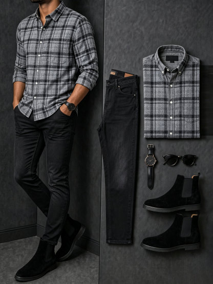 Men's Casual Gray Plaid Printed Long Sleeves Shirt & Black Jeans Pants Two Piece Set