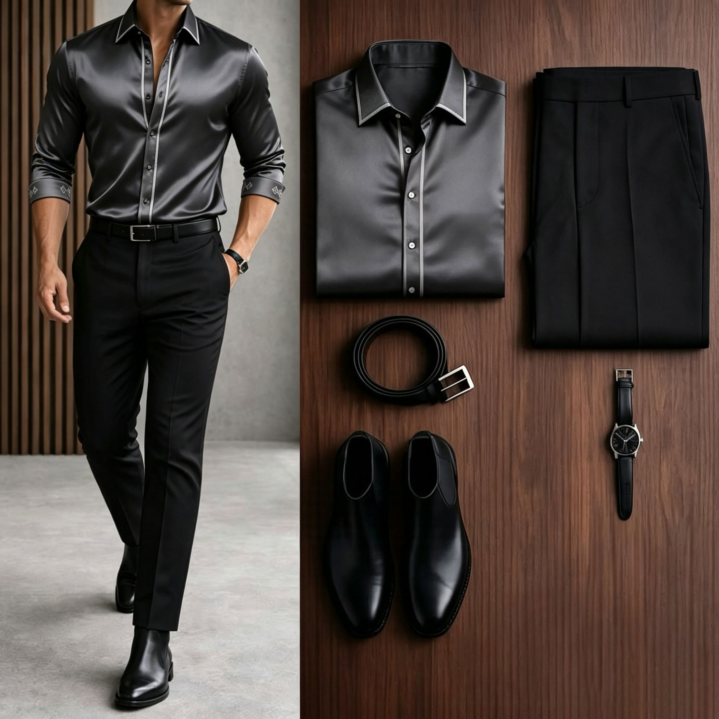 Men's Casual Color Matching Oatmeal Long Sleeves Polo Shirt & Denim Blue Jeans Pants Two Piece Set