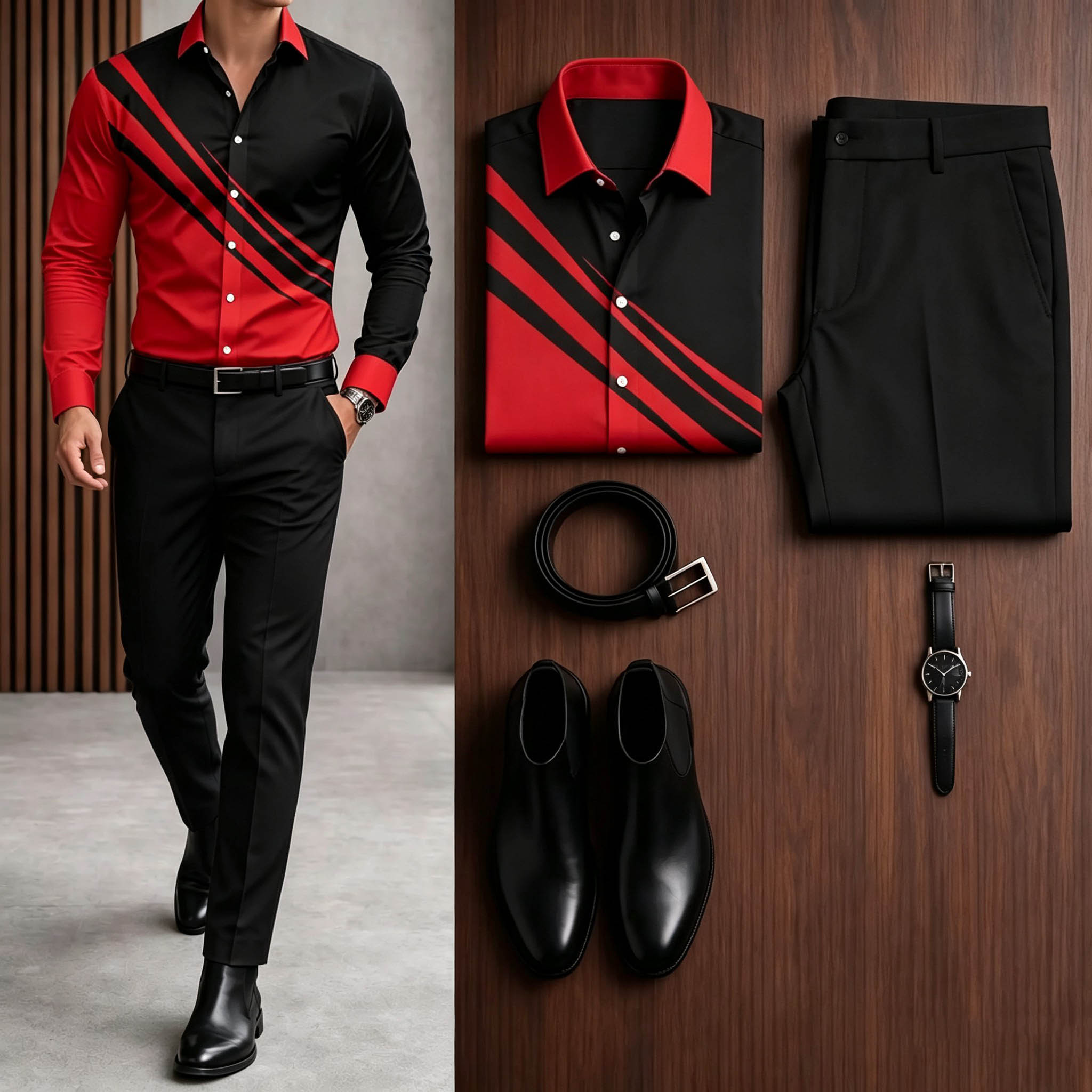 Men's Casual Black Red Color Matching Stripe Printed Long Sleeve Shirt & Black Suit Pants Two-Piece Set