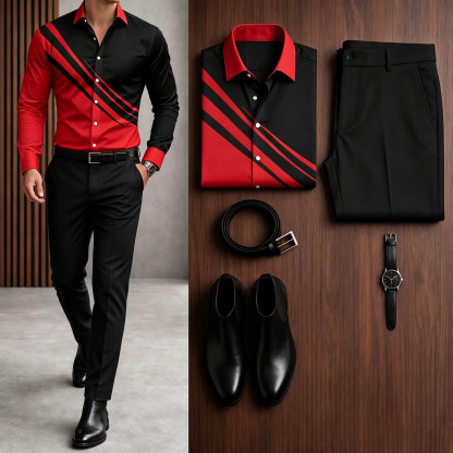 Men's Casual Black Red Color Matching Stripe Printed Long Sleeve Shirt & Black Suit Pants Two-Piece Set