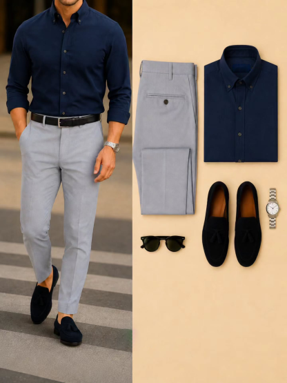 Men's Casual Navy Long Sleeve Shirt & Gray Chino Pants Two-Piece Set