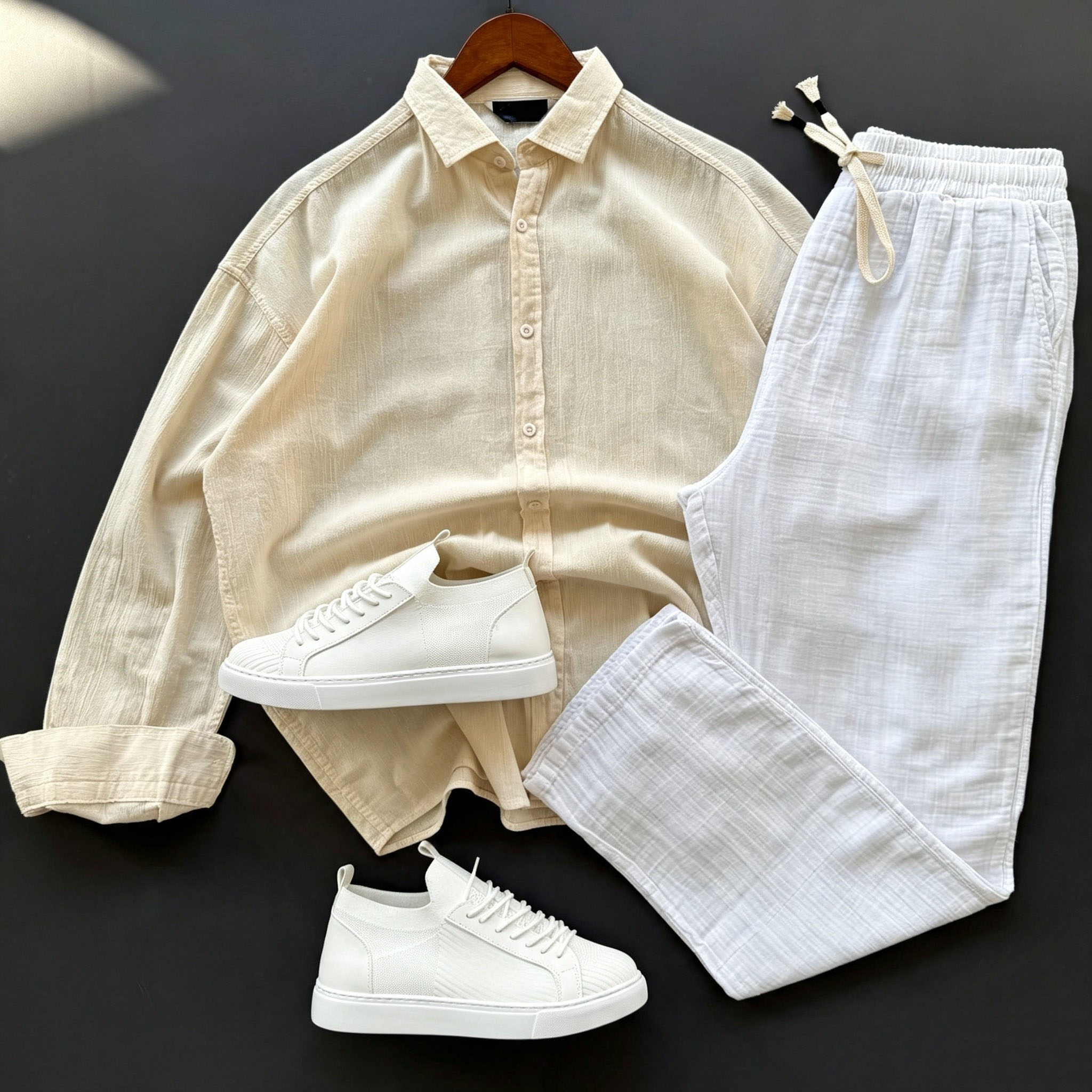 Men's Casual Trendy Long Sleeved Collared Shirt & Relaxed Trousers Two‑Piece Set