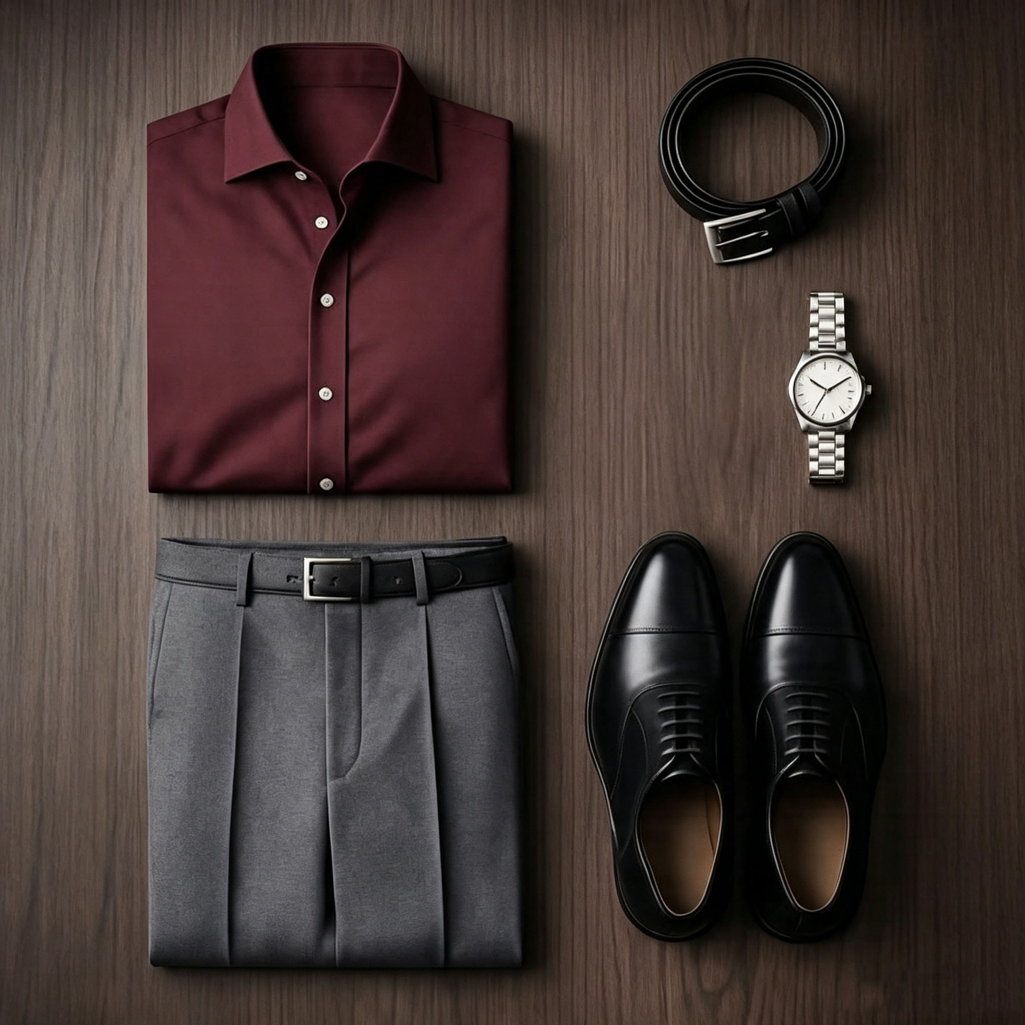 [Copy]Men's Light Purple Long Sleeves Shirt & Dark Gray Chinos Pants Two-Piece Set
