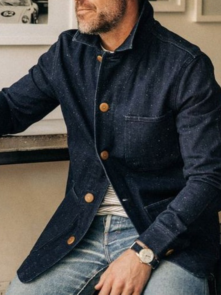 Men's Denim Blue Stand Collar Blazer