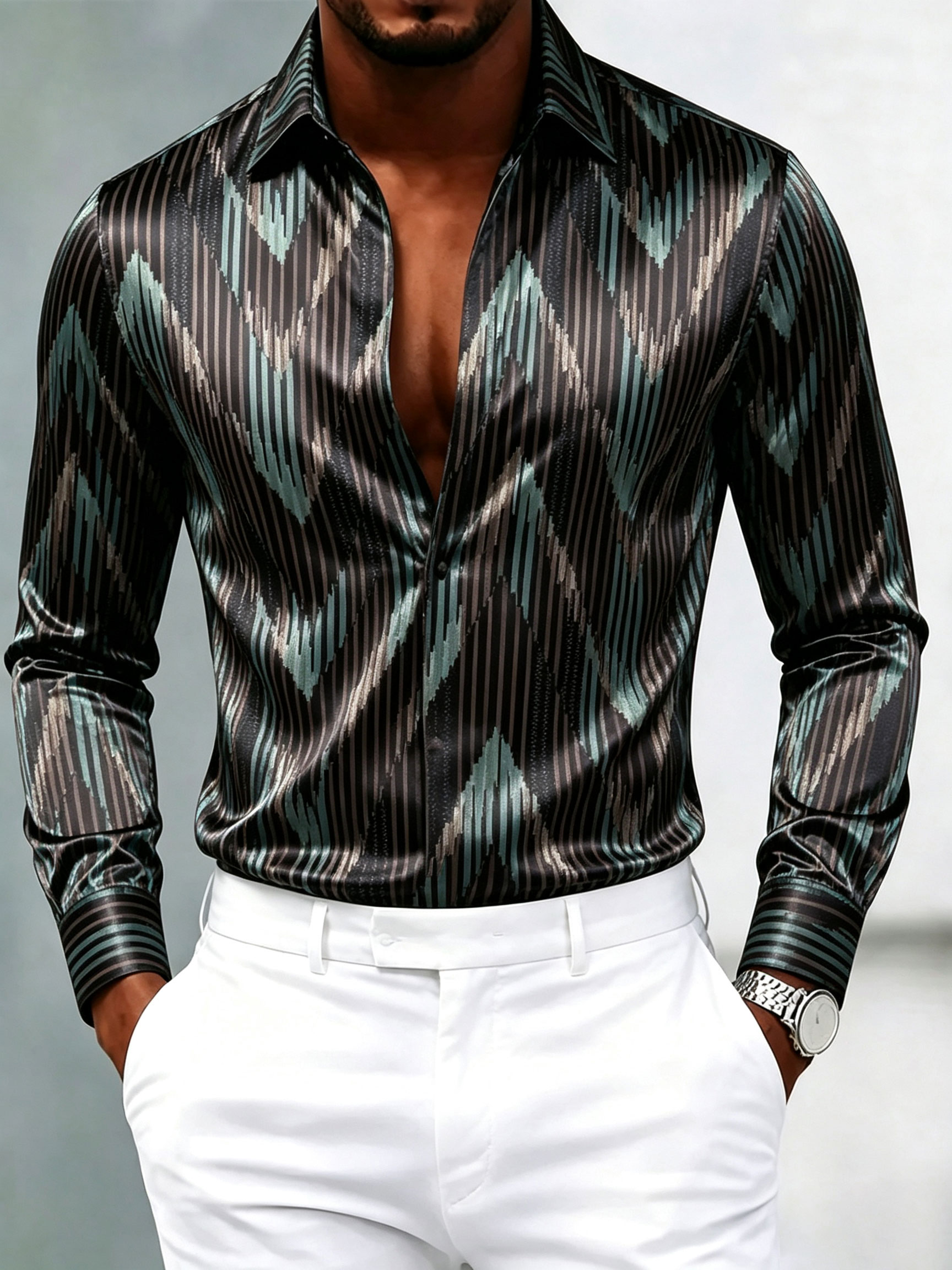 Men's Luxury Glossy Satin Long Sleeve Dress Shirt