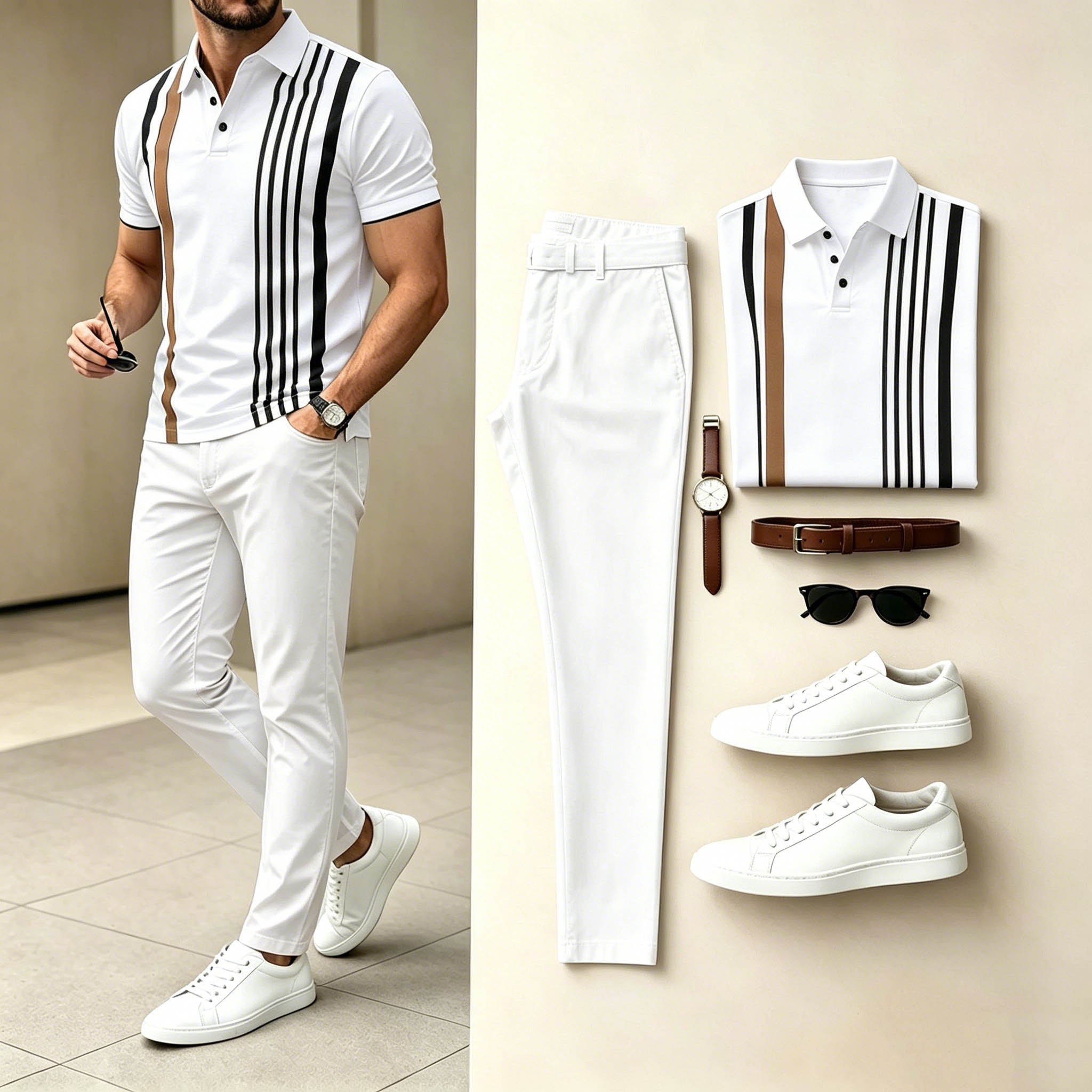 Men's Casual White Brown Black Vertical Stripe Polo Shirt & White Pants Two-Piece Set