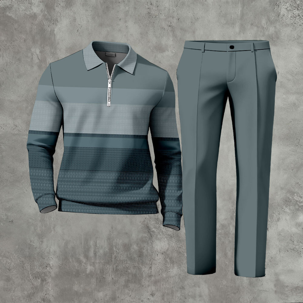 Men's Casual Gray Contrast Color Matching Striped Printed Polo-Collar 