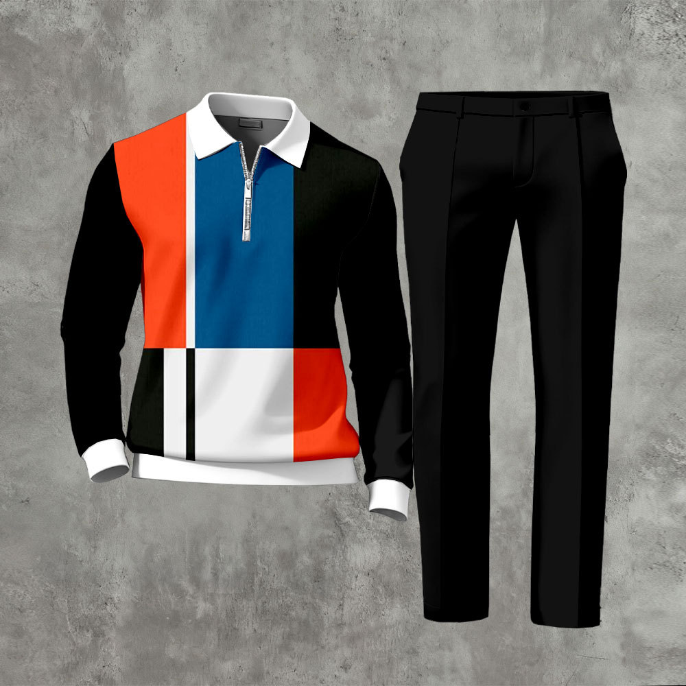 Men's Casual Multicolor Matching Printed Polo-Collar Zipper Long Sleev