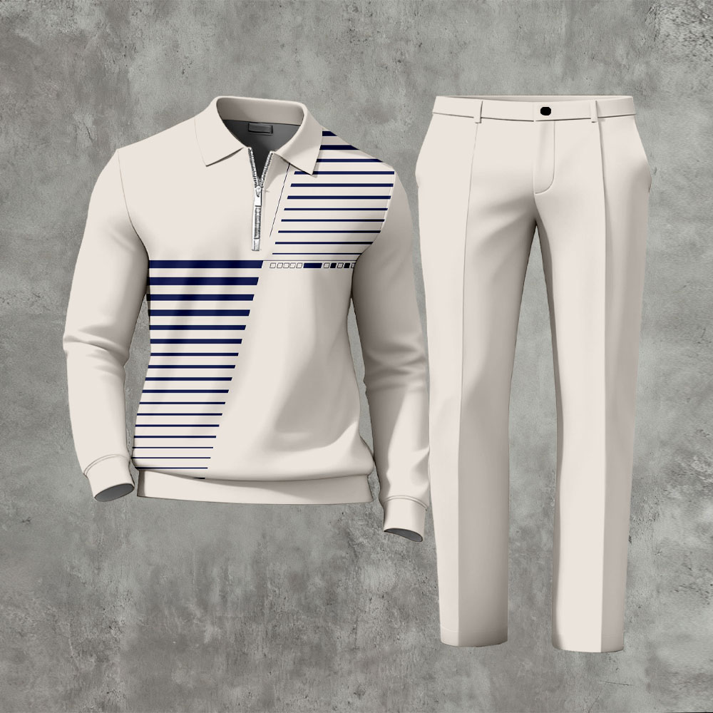Men's Casual Beige & Blue Color Matching Striped Printed Zipper Long Sleeved Polo Shirt & Trousers Two-Piece Set