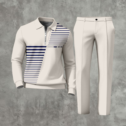 Men's Casual Beige & Blue Color Matching Striped Printed Zipper Long Sleeved Polo Shirt & Trousers Two-Piece Set