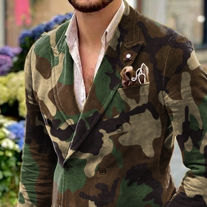 Men's Camo Peak Lapel Double Breasted Casual Blazer