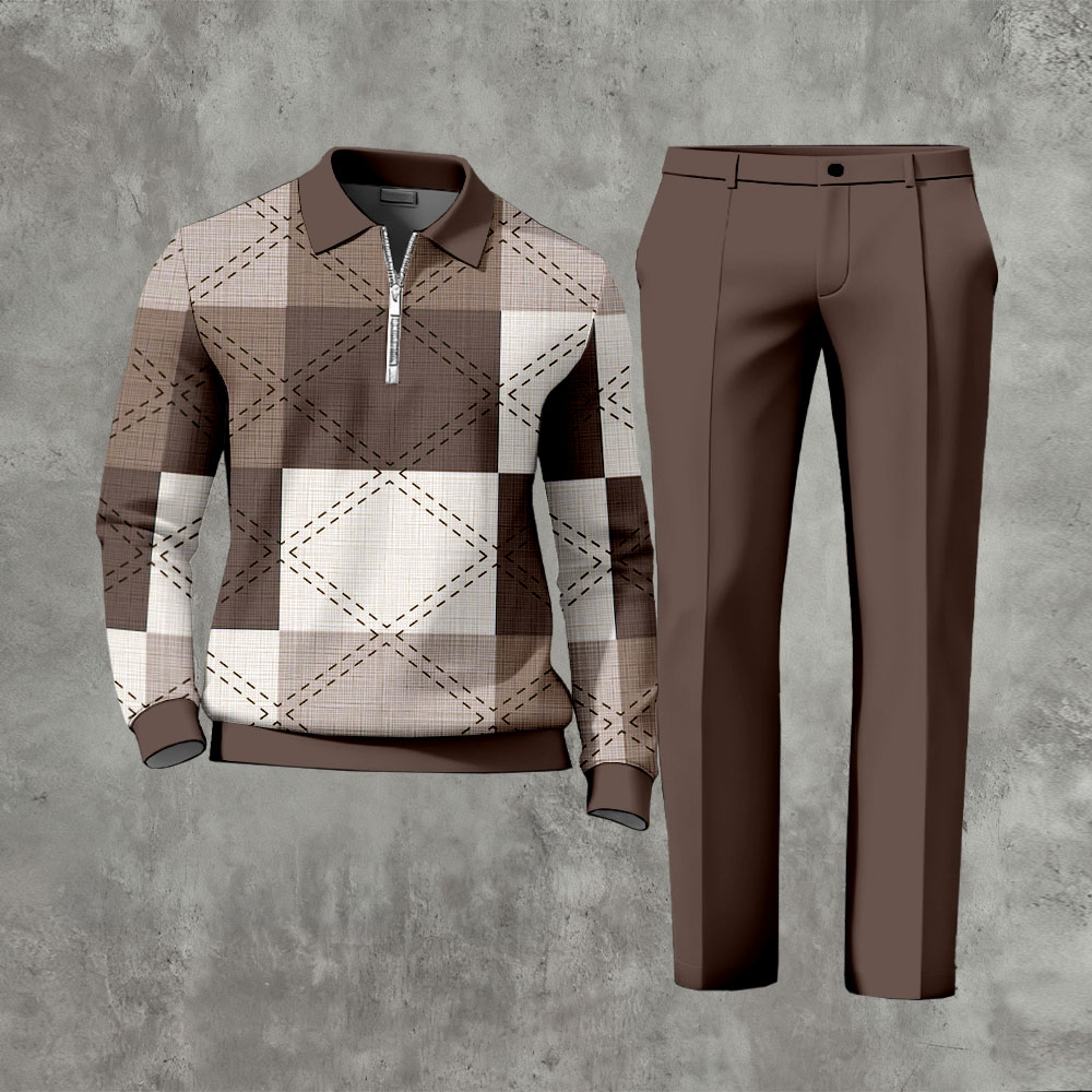 Men's Casual Coffee & White Color Matching Geoemtric Printed Polo-Collar Zipper Long Sleeved Trousers Two-Piece Set