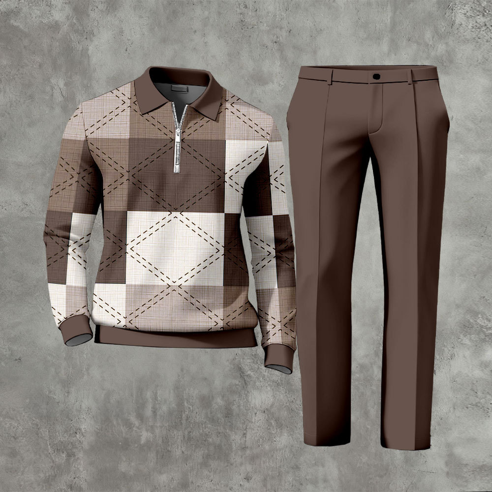 Men's Casual Color Matching Printed Polo-Collar Zipper Long Sleeved Trousers Two-Piece Set 1103